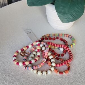 AVEC Colorful Red & Gold Tones Stretchy Beaded Bracelet Set of 7